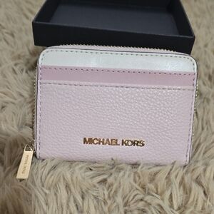 Michael Kors Pale Pink and White Pebbled Leather Zip Card Wallet